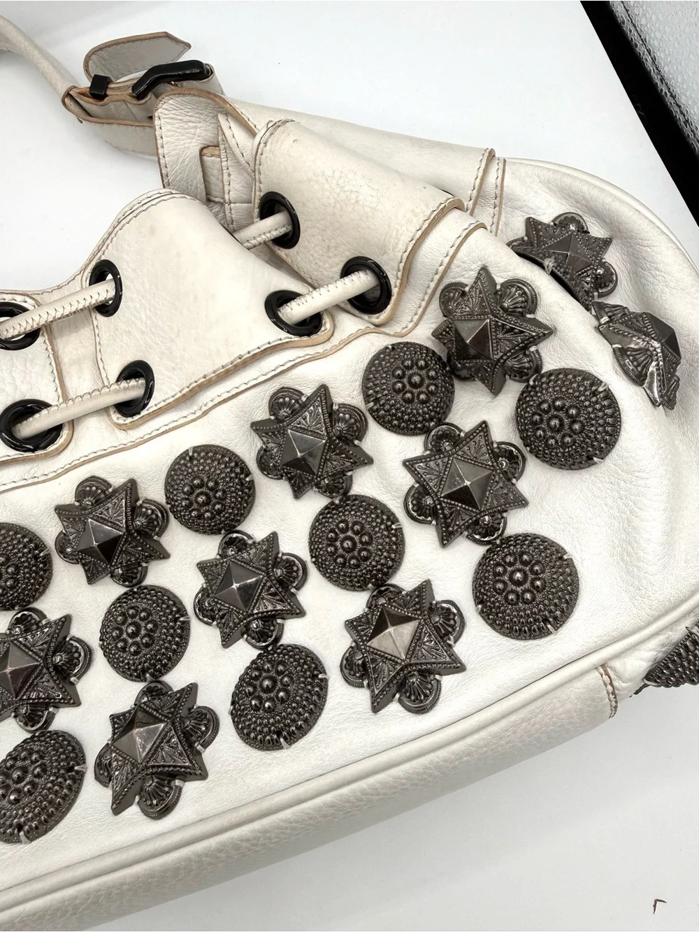 Burberry White Leather Studded Warrior Bag